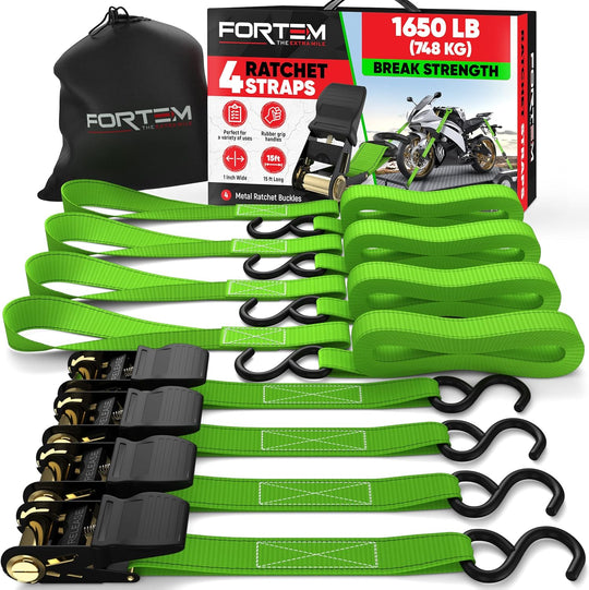 FORTEM Ratchet Straps, 1650Lb Break Strength, 4 Pack 15Ft X 1In Tie down Strap Set, 4 Soft Loops, Motorcycle Straps Tie Downs, Cargo Cam Buckles for Trucks, Rubber Handles, Carry Bag - Absolute Discounts
