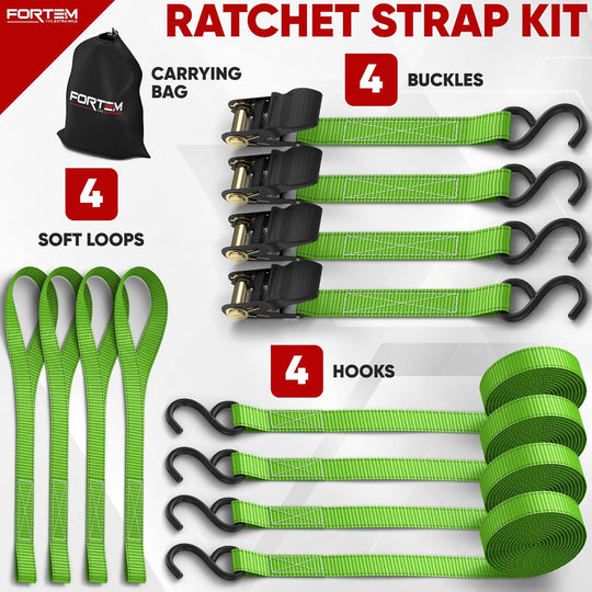 FORTEM Ratchet Straps, 1650Lb Break Strength, 4 Pack 15Ft X 1In Tie down Strap Set, 4 Soft Loops, Motorcycle Straps Tie Downs, Cargo Cam Buckles for Trucks, Rubber Handles, Carry Bag - Absolute Discounts