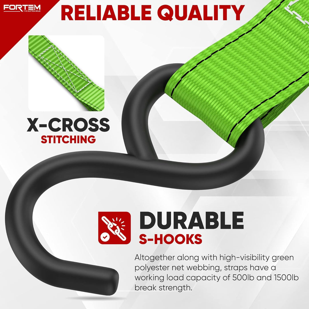 FORTEM Ratchet Straps, 1650Lb Break Strength, 4 Pack 15Ft X 1In Tie down Strap Set, 4 Soft Loops, Motorcycle Straps Tie Downs, Cargo Cam Buckles for Trucks, Rubber Handles, Carry Bag - Absolute Discounts