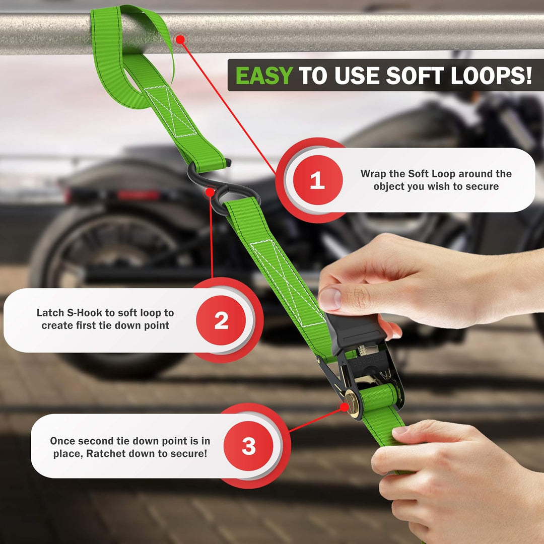 FORTEM Ratchet Straps, 1650Lb Break Strength, 4 Pack 15Ft X 1In Tie down Strap Set, 4 Soft Loops, Motorcycle Straps Tie Downs, Cargo Cam Buckles for Trucks, Rubber Handles, Carry Bag - Absolute Discounts