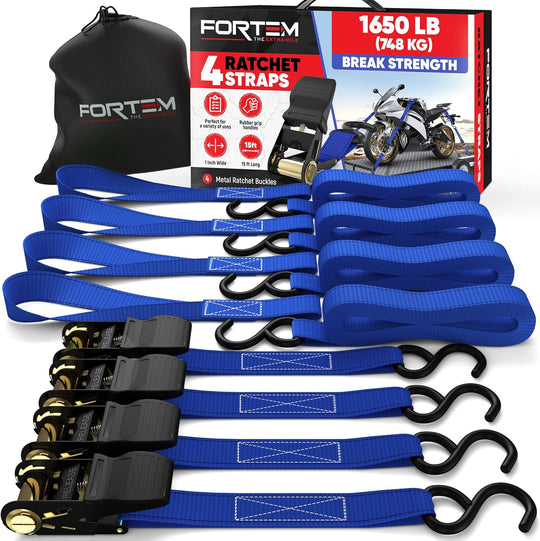 FORTEM Ratchet Straps, 1650Lb Break Strength, 4 Pack 15Ft X 1In Tie down Strap Set, 4 Soft Loops, Motorcycle Straps Tie Downs, Cargo Cam Buckles for Trucks, Rubber Handles, Carry Bag - Absolute Discounts