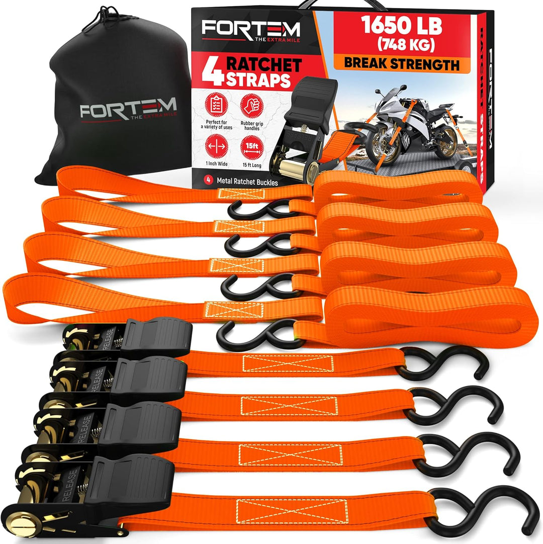 FORTEM Ratchet Straps, 1650Lb Break Strength, 4 Pack 15Ft X 1In Tie down Strap Set, 4 Soft Loops, Motorcycle Straps Tie Downs, Cargo Cam Buckles for Trucks, Rubber Handles, Carry Bag - Absolute Discounts