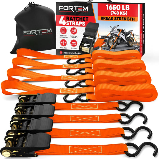 FORTEM Ratchet Straps, 1650Lb Break Strength, 4 Pack 15Ft X 1In Tie down Strap Set, 4 Soft Loops, Motorcycle Straps Tie Downs, Cargo Cam Buckles for Trucks, Rubber Handles, Carry Bag - Absolute Discounts