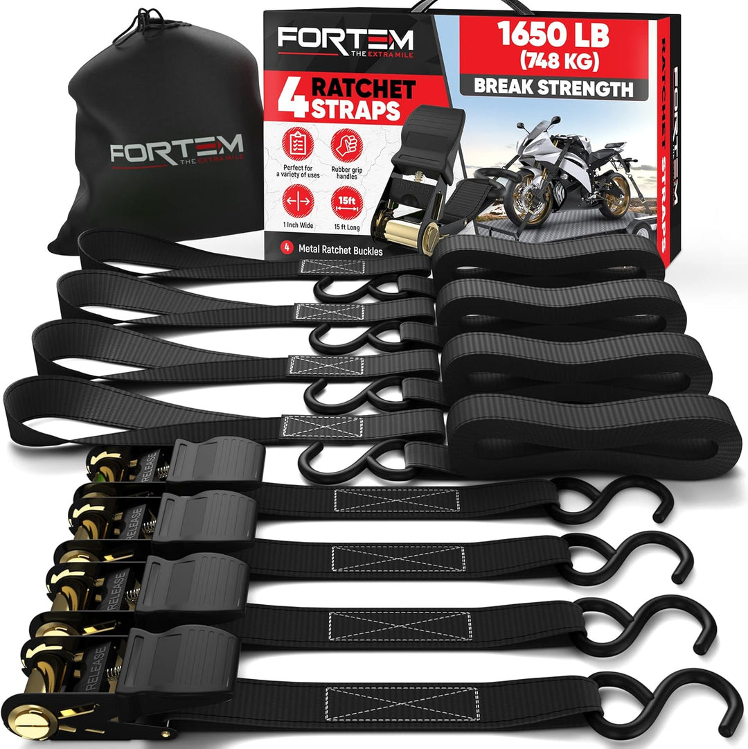 FORTEM Ratchet Straps, 1650Lb Break Strength, 4 Pack 15Ft X 1In Tie down Strap Set, 4 Soft Loops, Motorcycle Straps Tie Downs, Cargo Cam Buckles for Trucks, Rubber Handles, Carry Bag - Absolute Discounts