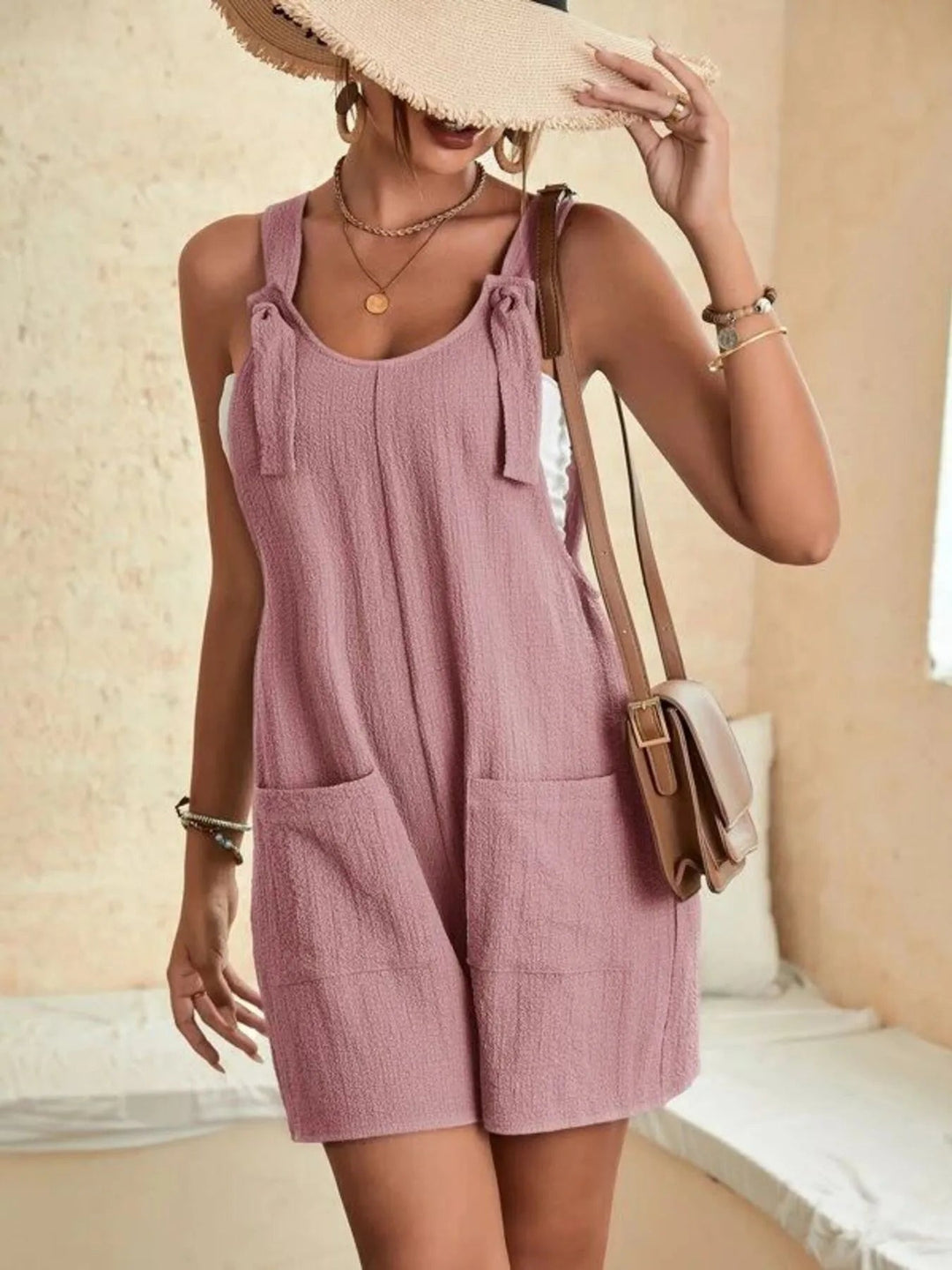Full Size Knot Strap Romper with Pockets Plus Size - Absolute Discounts