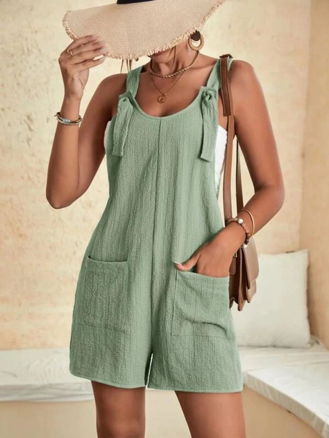 Full Size Knot Strap Romper with Pockets Plus Size - Absolute Discounts