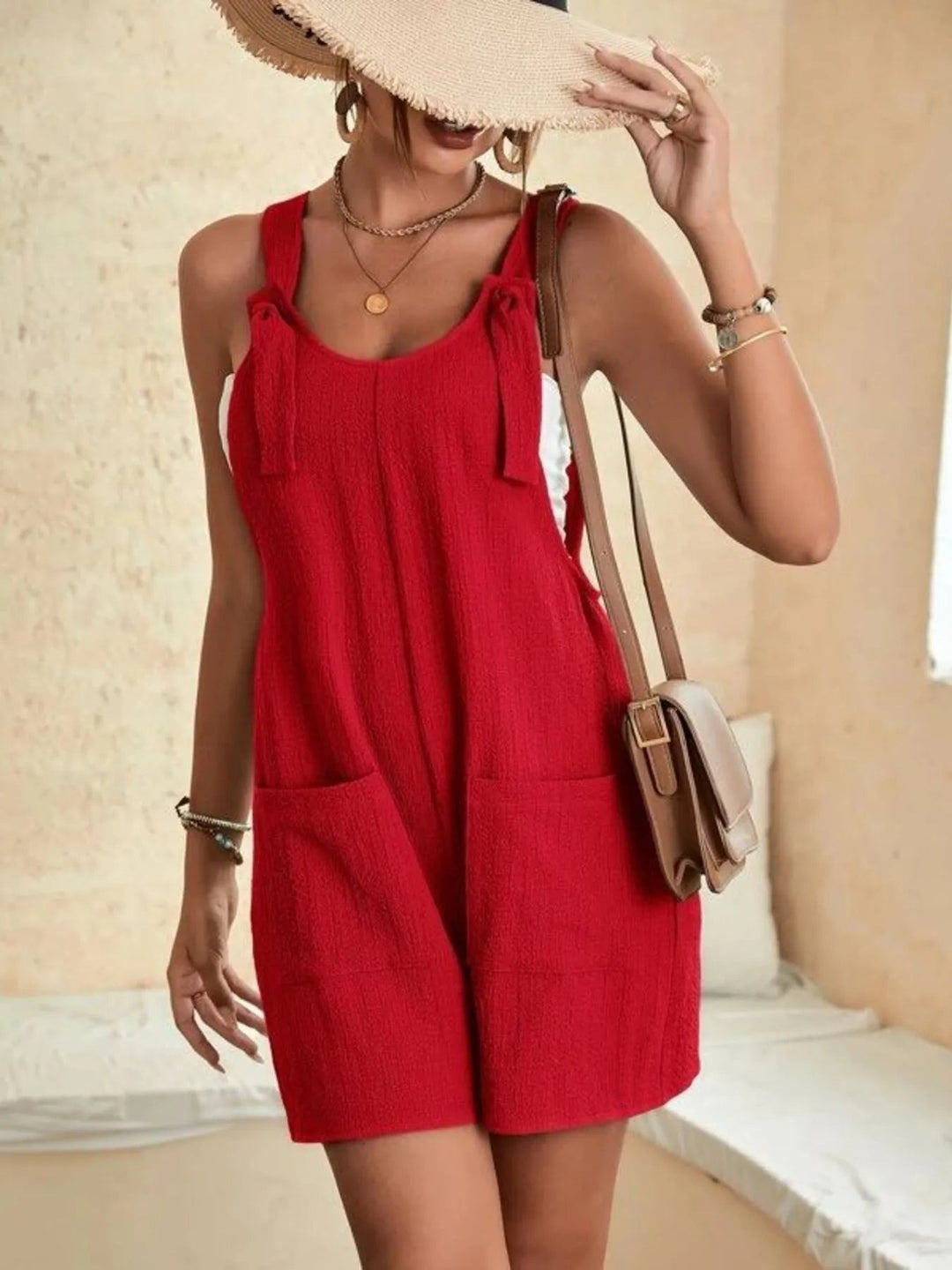Full Size Knot Strap Romper with Pockets Plus Size - Absolute Discounts