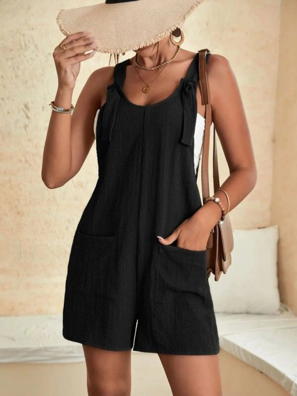 Full Size Knot Strap Romper with Pockets Plus Size - Absolute Discounts