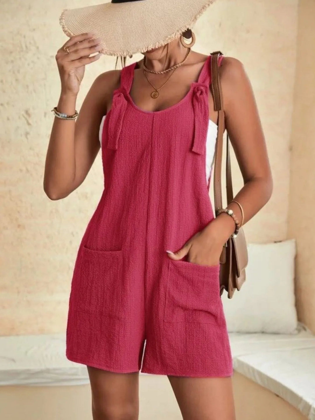 Full Size Knot Strap Romper with Pockets Plus Size - Absolute Discounts