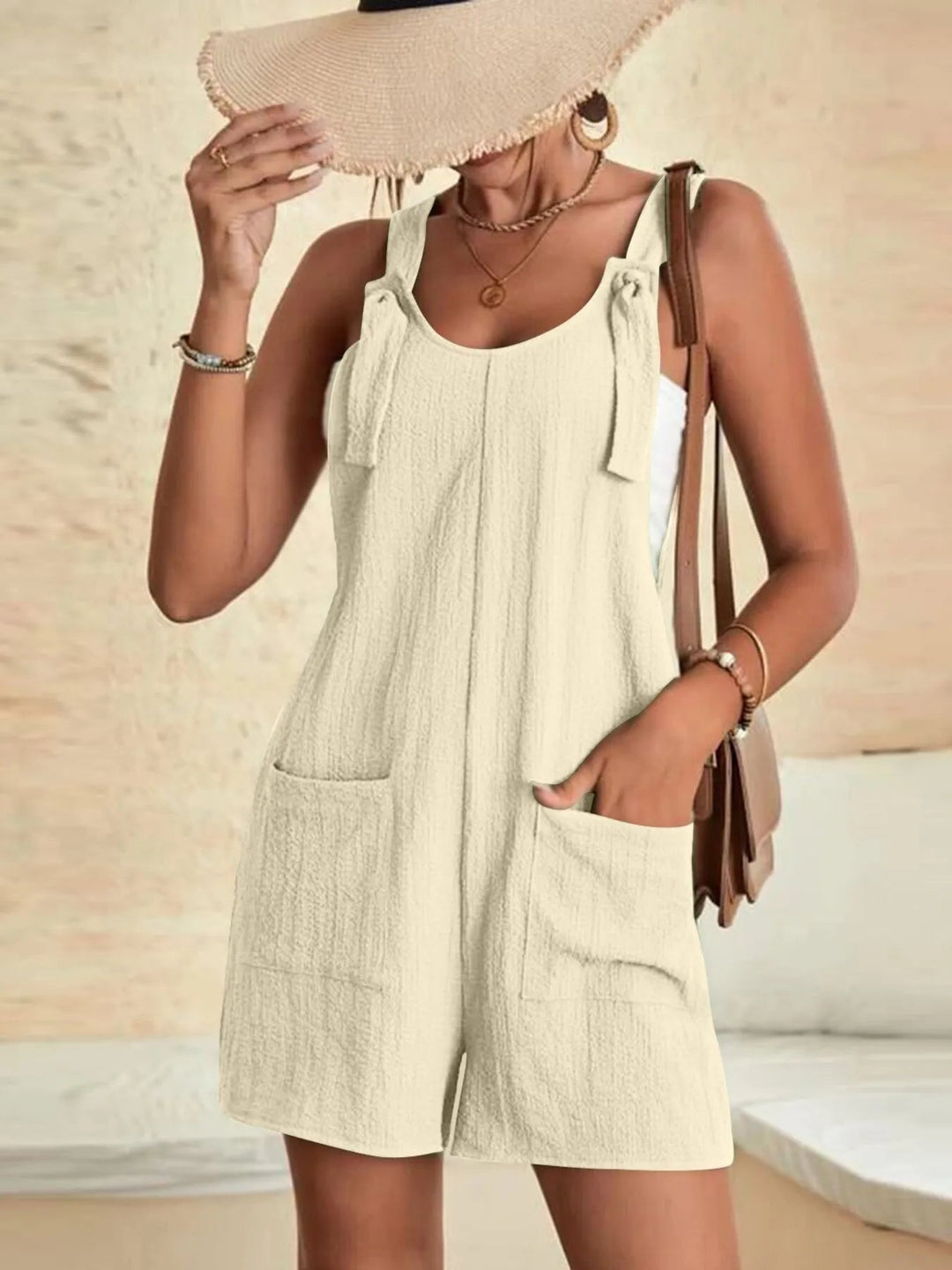Full Size Knot Strap Romper with Pockets Plus Size - Absolute Discounts