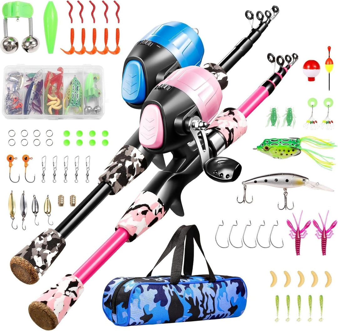 Kids Fishing Pole - Telescopic Fishing Rod and Reel Combo Kit - Fishing Gear, Fishing Lures, Carry on Bag, 70 Set Fully Fishing Equipment - for Boys, Girls, Youth - Absolute Discounts