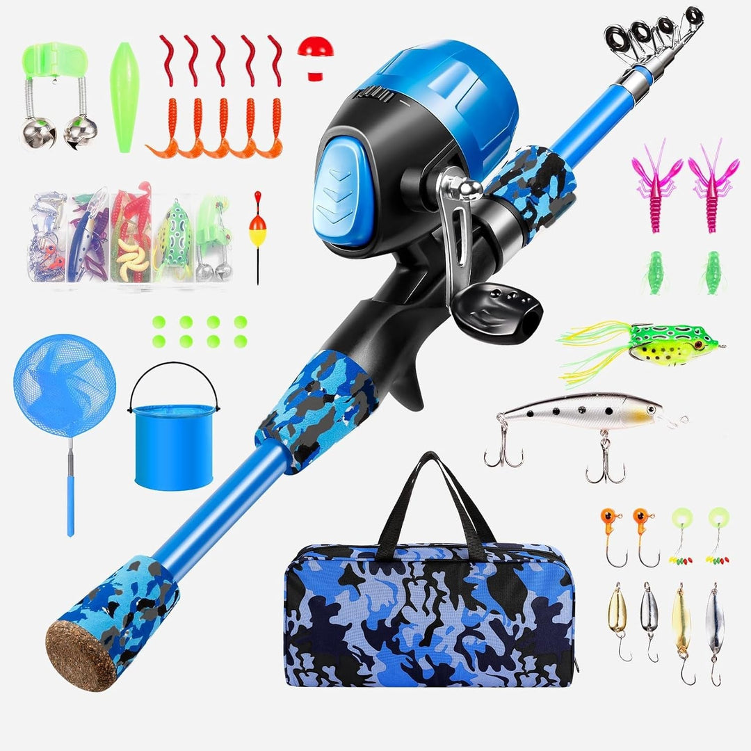 Kids Fishing Pole - Telescopic Fishing Rod and Reel Combo Kit - Fishing Gear, Fishing Lures, Carry on Bag, 70 Set Fully Fishing Equipment - for Boys, Girls, Youth - Absolute Discounts