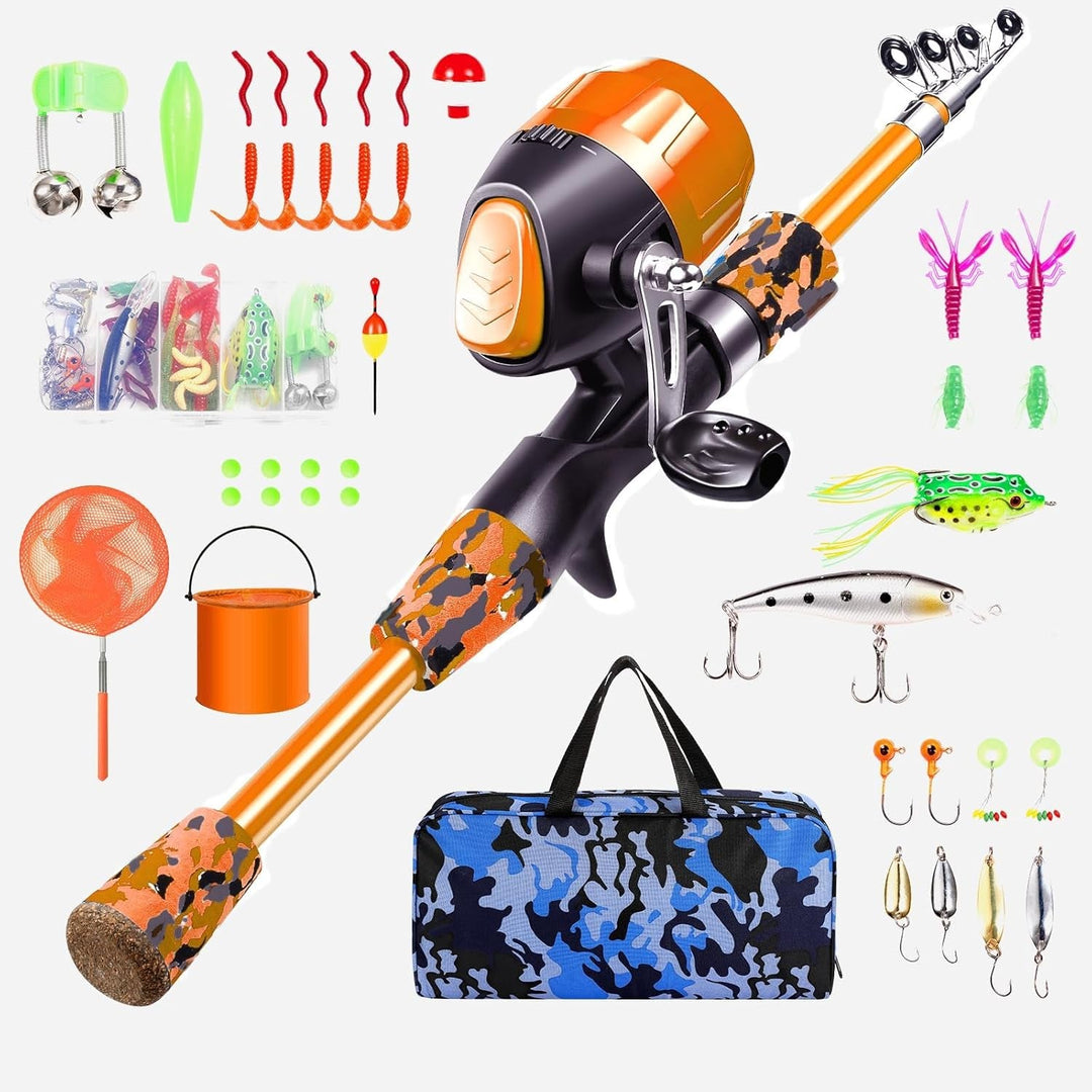 Kids Fishing Pole - Telescopic Fishing Rod and Reel Combo Kit - Fishing Gear, Fishing Lures, Carry on Bag, 70 Set Fully Fishing Equipment - for Boys, Girls, Youth - Absolute Discounts