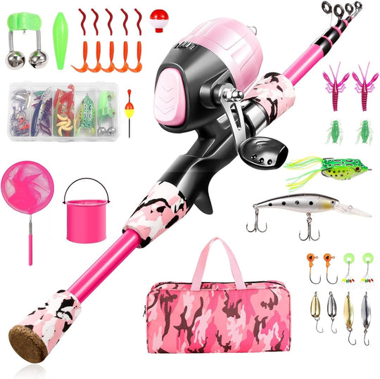 Kids Fishing Pole - Telescopic Fishing Rod and Reel Combo Kit - Fishing Gear, Fishing Lures, Carry on Bag, 70 Set Fully Fishing Equipment - for Boys, Girls, Youth - Absolute Discounts