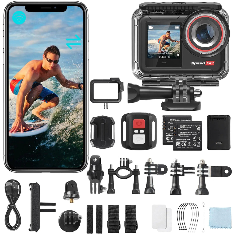 Hiicam Action Camera Speed 60 4K60FPS 48MP WiFi with 2.35" HDR Touch Screen EIS 8X Zoom Remote ControlBare Machine Waterproof 33FT with Waterproof Case 131FT 2x2150mAh Battery 30 Burst Vlog Camera - Absolute Discounts