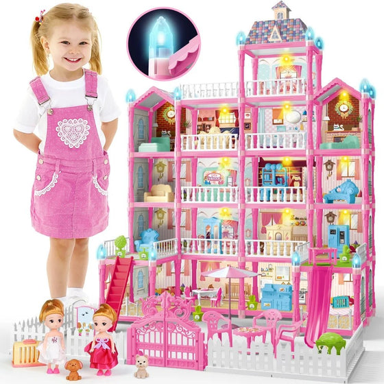 Joystone Doll House for Girls, 5-Story 19 Rooms Huge Dollhouse Playset with LED Lights, 2 Dolls, Furnitures, Accessories, DIY Pretend Play House Toys Gifts for Kids, Pink