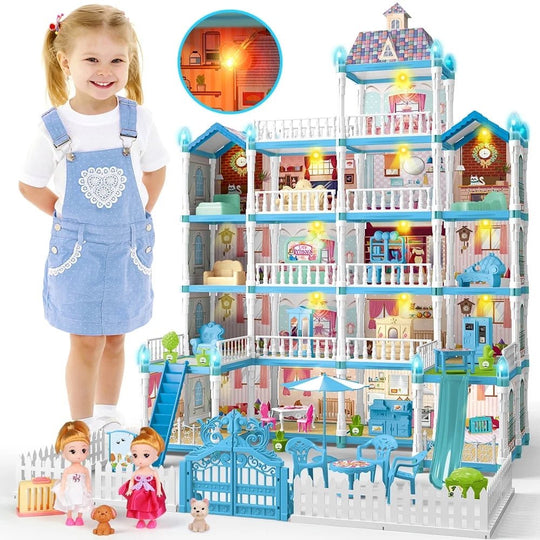 Joystone Doll House for Girls, 5 - Story 19 Rooms Huge Dollhouse Playset with LED Lights, 2 Dolls, Furnitures, Accessories, DIY Pretend Play House Toys Gifts for Kids, Pink - Absolute Discounts