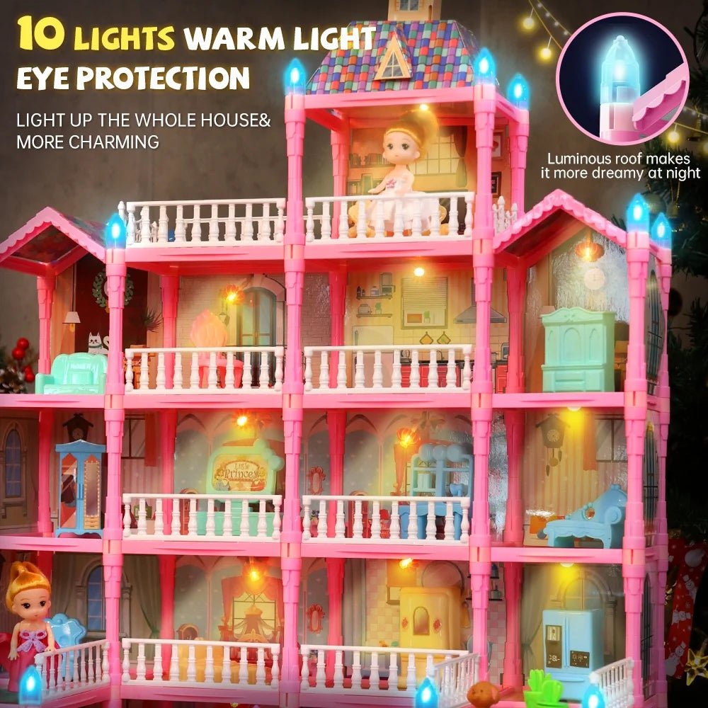 Joystone Doll House for Girls, 5 - Story 19 Rooms Huge Dollhouse Playset with LED Lights, 2 Dolls, Furnitures, Accessories, DIY Pretend Play House Toys Gifts for Kids, Pink - Absolute Discounts