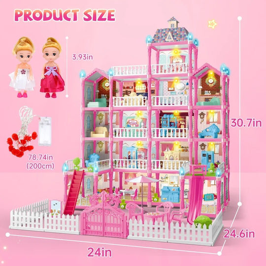 Joystone Doll House for Girls, 5 - Story 19 Rooms Huge Dollhouse Playset with LED Lights, 2 Dolls, Furnitures, Accessories, DIY Pretend Play House Toys Gifts for Kids, Pink - Absolute Discounts
