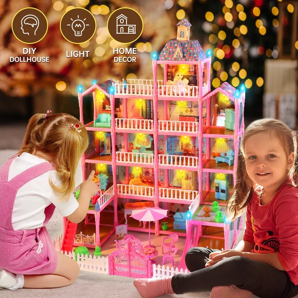 Joystone Doll House for Girls, 5 - Story 19 Rooms Huge Dollhouse Playset with LED Lights, 2 Dolls, Furnitures, Accessories, DIY Pretend Play House Toys Gifts for Kids, Pink - Absolute Discounts