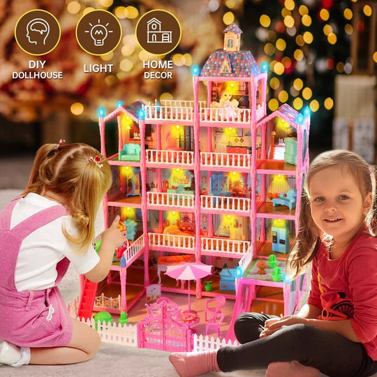 Joystone Doll House for Girls, 5 - Story 19 Rooms Huge Dollhouse Playset with LED Lights, 2 Dolls, Furnitures, Accessories, DIY Pretend Play House Toys Gifts for Kids, Pink - Absolute Discounts