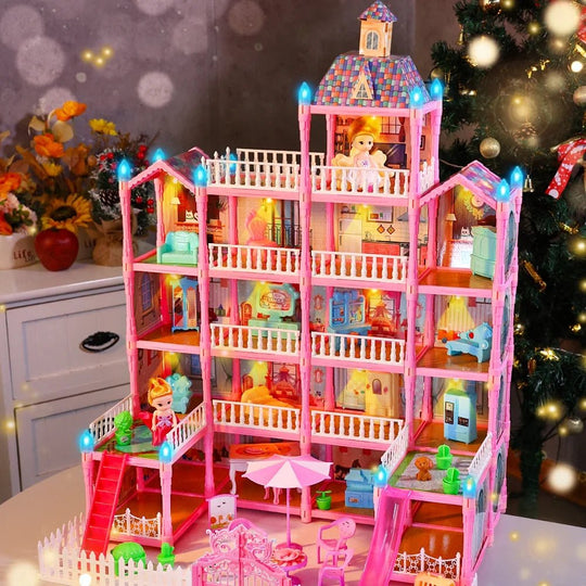 Joystone Doll House for Girls, 5 - Story 19 Rooms Huge Dollhouse Playset with LED Lights, 2 Dolls, Furnitures, Accessories, DIY Pretend Play House Toys Gifts for Kids, Pink - Absolute Discounts