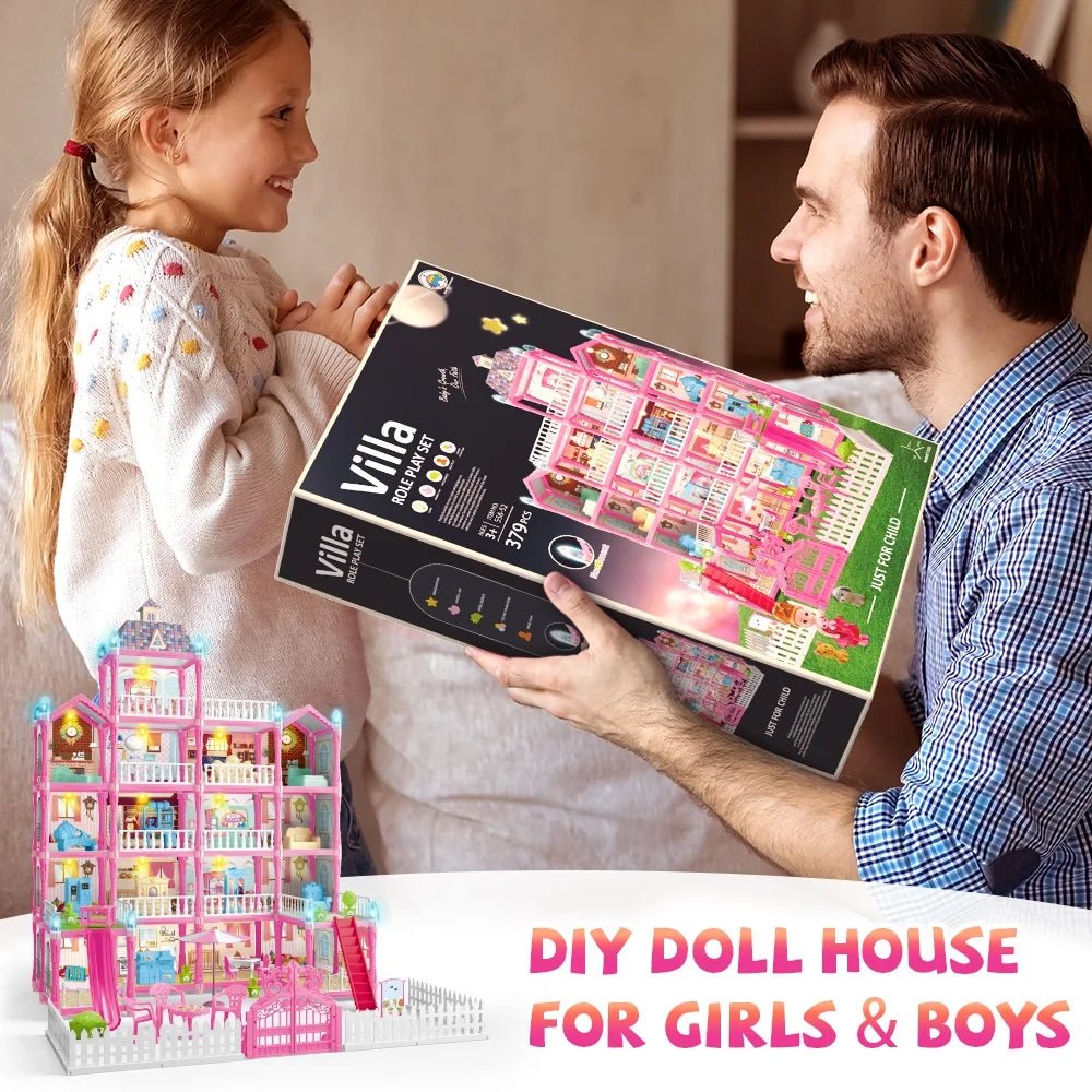 Joystone Doll House for Girls, 5 - Story 19 Rooms Huge Dollhouse Playset with LED Lights, 2 Dolls, Furnitures, Accessories, DIY Pretend Play House Toys Gifts for Kids, Pink - Absolute Discounts