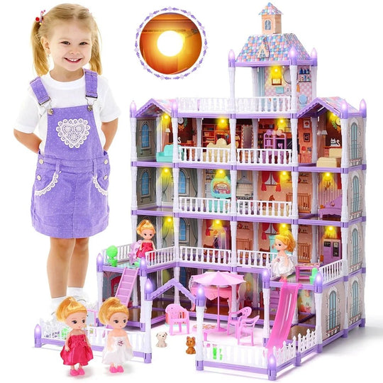 Joystone Doll House for Girls, 5 - Story 19 Rooms Huge Dollhouse Playset with LED Lights, 2 Dolls, Furnitures, Accessories, DIY Pretend Play House Toys Gifts for Kids, Pink - Absolute Discounts
