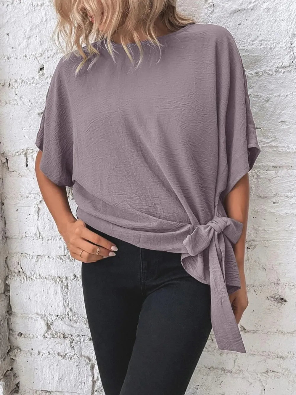 Knotted Round Neck Half Sleeve Blouse - Absolute Discounts