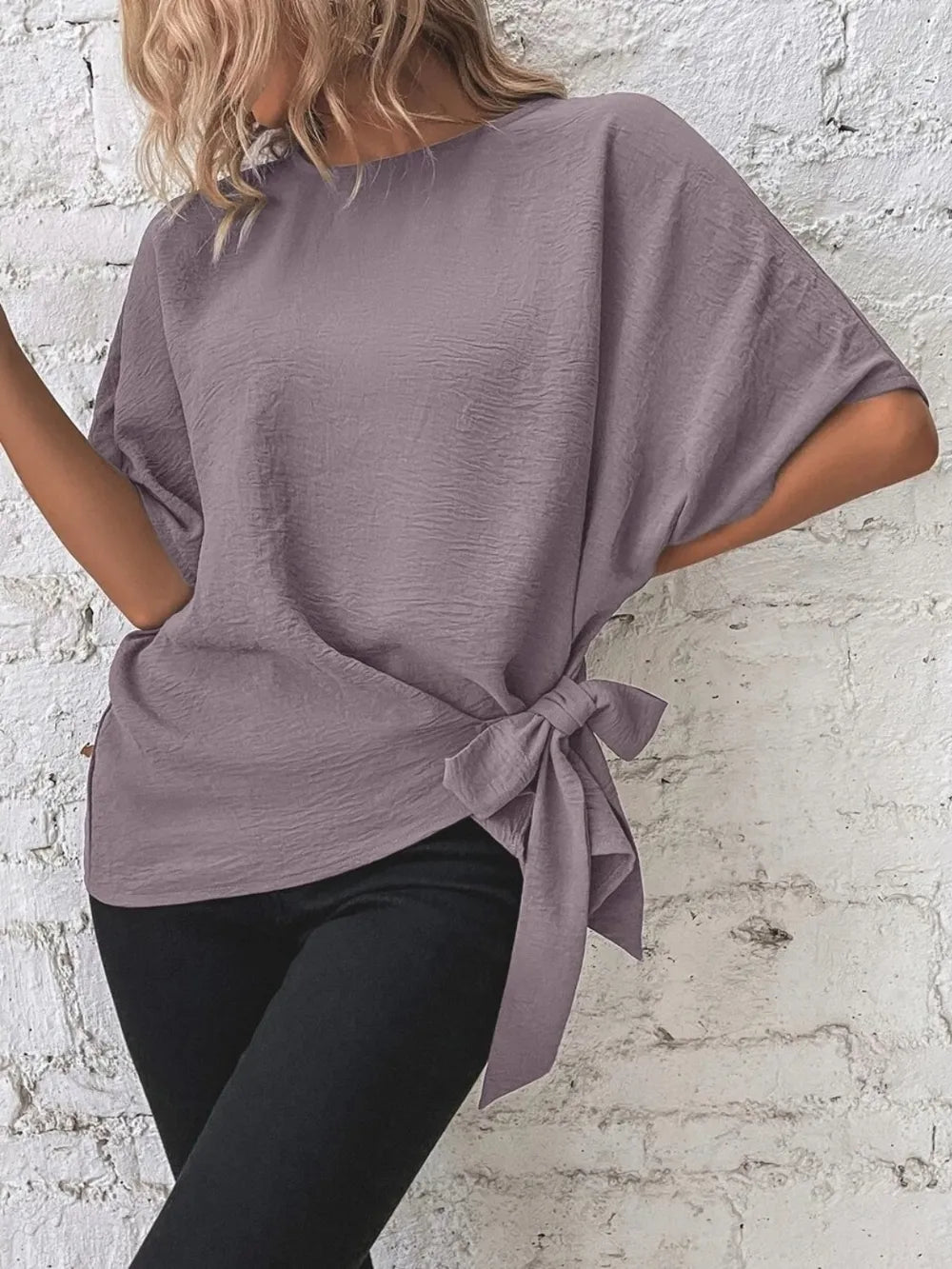 Knotted Round Neck Half Sleeve Blouse - Absolute Discounts