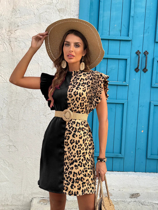 Leopard Color Block Ruffle Sleeve Dress - Absolute Discounts
