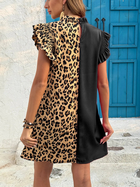 Leopard Color Block Ruffle Sleeve Dress - Absolute Discounts