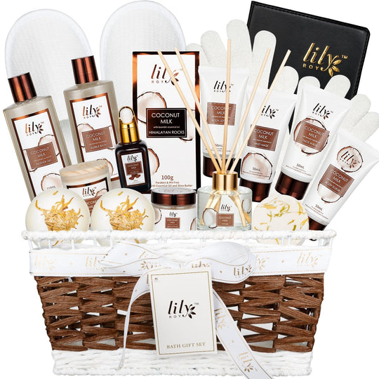 18Pcs Bath and Body Gift Basket Set for Women Mom - Coconut Vanilla Spa Gift Basket Luxury Bath & Body Set | Relaxing Self Care Pampering Gifts for Her, Birthday, Christmas, Mothers Day Gift Baskets - Absolute Discounts