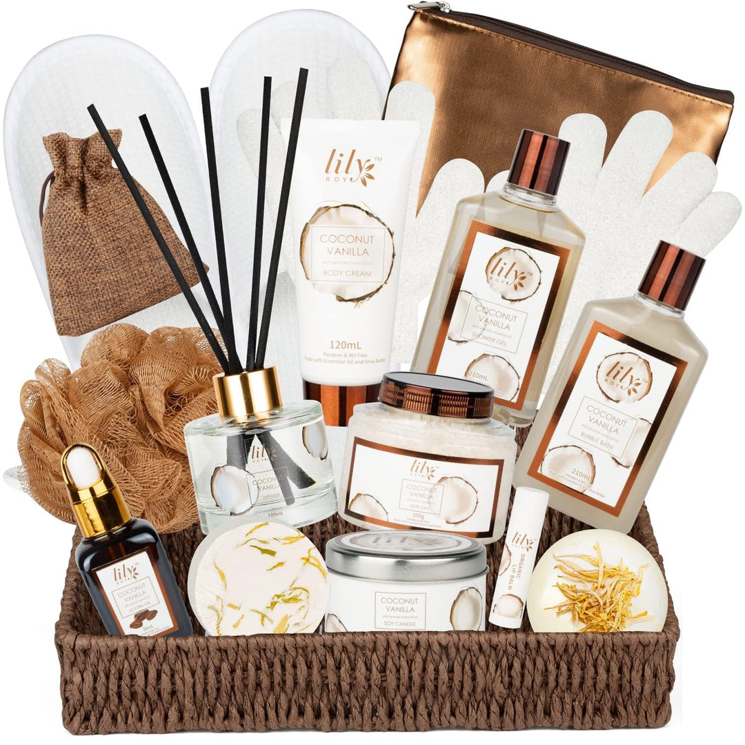 18Pcs Bath and Body Gift Basket Set for Women Mom - Coconut Vanilla Spa Gift Basket Luxury Bath & Body Set | Relaxing Self Care Pampering Gifts for Her, Birthday, Christmas, Mothers Day Gift Baskets - Absolute Discounts