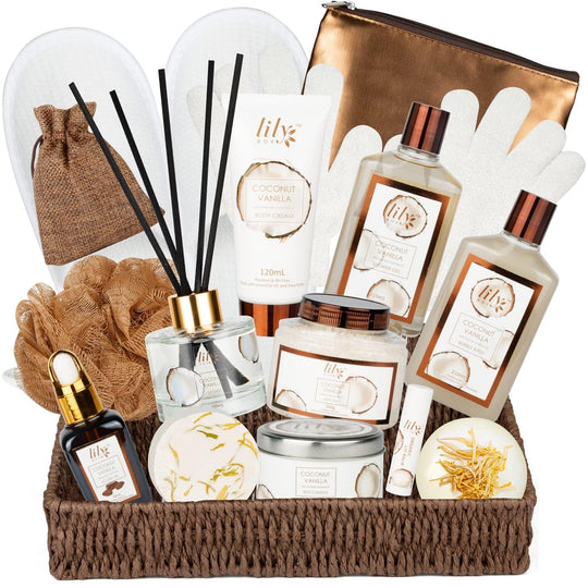18Pcs Bath and Body Gift Basket Set for Women Mom - Coconut Vanilla Spa Gift Basket Luxury Bath & Body Set | Relaxing Self Care Pampering Gifts for Her, Birthday, Christmas, Mothers Day Gift Baskets - Absolute Discounts