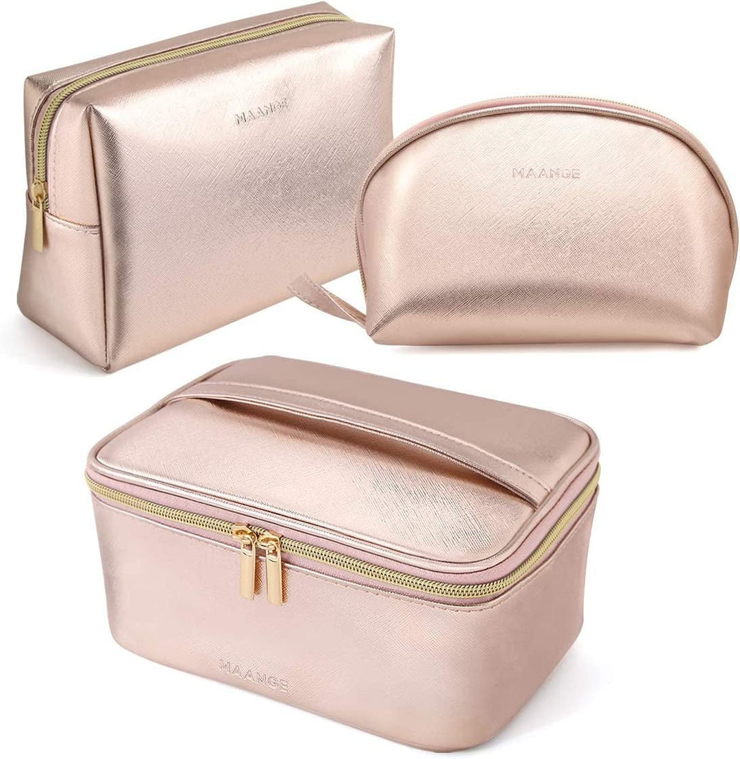 MAANGE 3 Pcs Makeup Bag Portable Travel Cosmetic Bag Large Makeup Bag Organizer with Gold Zipper Waterproof Toiletry Bags for Women and Girls(Rose Gold) - Absolute Discounts
