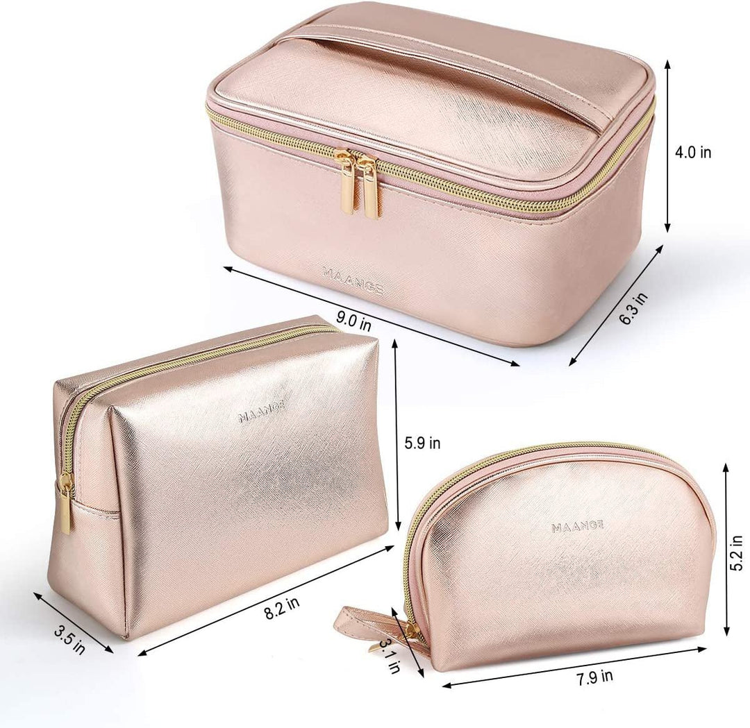 MAANGE 3 Pcs Makeup Bag Portable Travel Cosmetic Bag Large Makeup Bag Organizer with Gold Zipper Waterproof Toiletry Bags for Women and Girls(Rose Gold) - Absolute Discounts