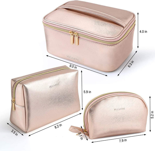 MAANGE 3 Pcs Makeup Bag Portable Travel Cosmetic Bag Large Makeup Bag Organizer with Gold Zipper Waterproof Toiletry Bags for Women and Girls(Rose Gold) - Absolute Discounts