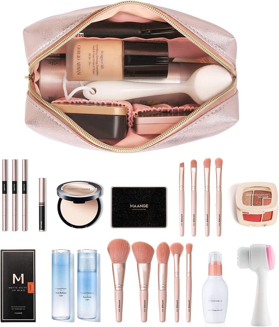 MAANGE 3 Pcs Makeup Bag Portable Travel Cosmetic Bag Large Makeup Bag Organizer with Gold Zipper Waterproof Toiletry Bags for Women and Girls(Rose Gold) - Absolute Discounts