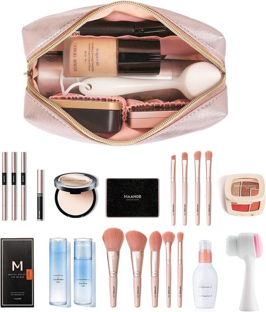 MAANGE 3 Pcs Makeup Bag Portable Travel Cosmetic Bag Large Makeup Bag Organizer with Gold Zipper Waterproof Toiletry Bags for Women and Girls(Rose Gold) - Absolute Discounts