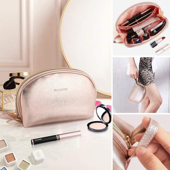 MAANGE 3 Pcs Makeup Bag Portable Travel Cosmetic Bag Large Makeup Bag Organizer with Gold Zipper Waterproof Toiletry Bags for Women and Girls(Rose Gold) - Absolute Discounts