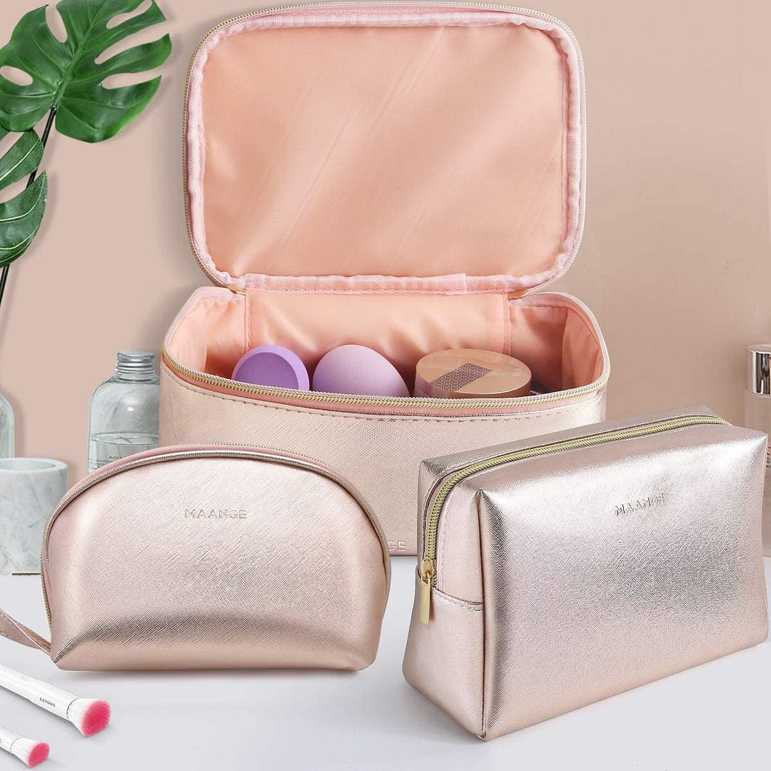 MAANGE 3 Pcs Makeup Bag Portable Travel Cosmetic Bag Large Makeup Bag Organizer with Gold Zipper Waterproof Toiletry Bags for Women and Girls(Rose Gold) - Absolute Discounts