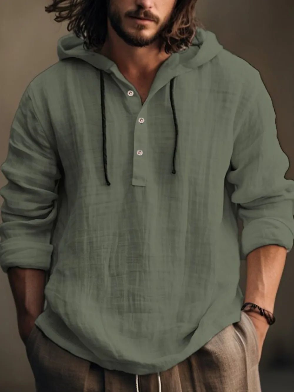 Men's Full Size Half Button Long Sleeve Hoodie - Absolute Discounts