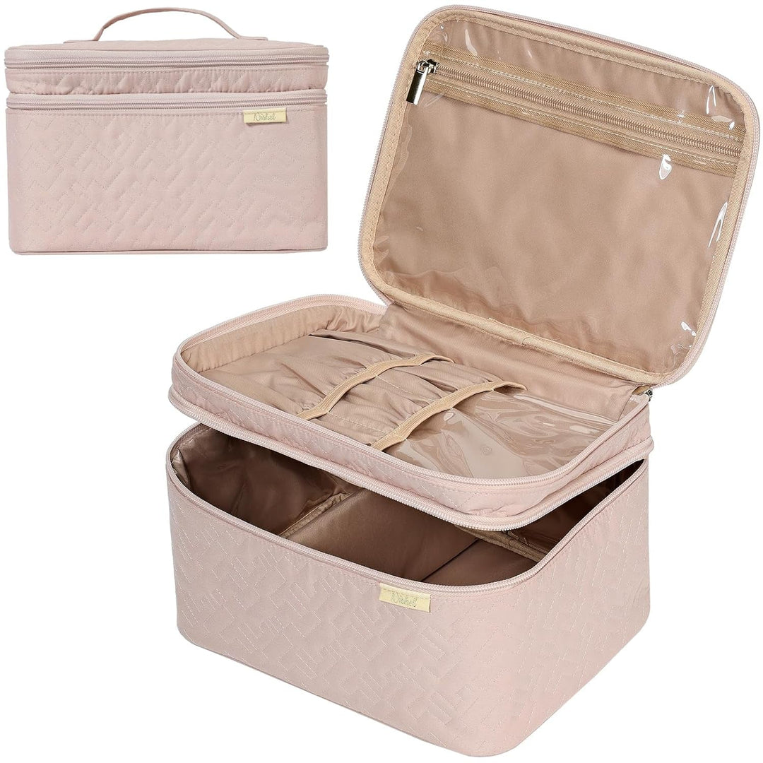 NISHEL Large Double Layer Travel Makeup Bag Women, Cosmetic Case, Organizer for Travel - Size Accessories Bottles, Brushes, Conditioner, and Skin Care Products, Pink - Absolute Discounts