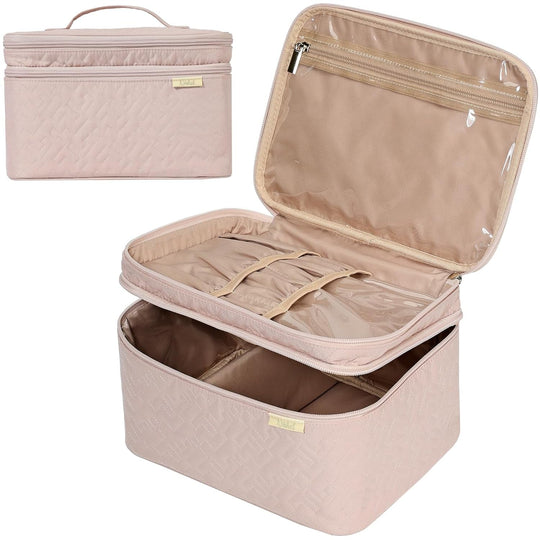 NISHEL Large Double Layer Travel Makeup Bag Women, Cosmetic Case, Organizer for Travel - Size Accessories Bottles, Brushes, Conditioner, and Skin Care Products, Pink - Absolute Discounts