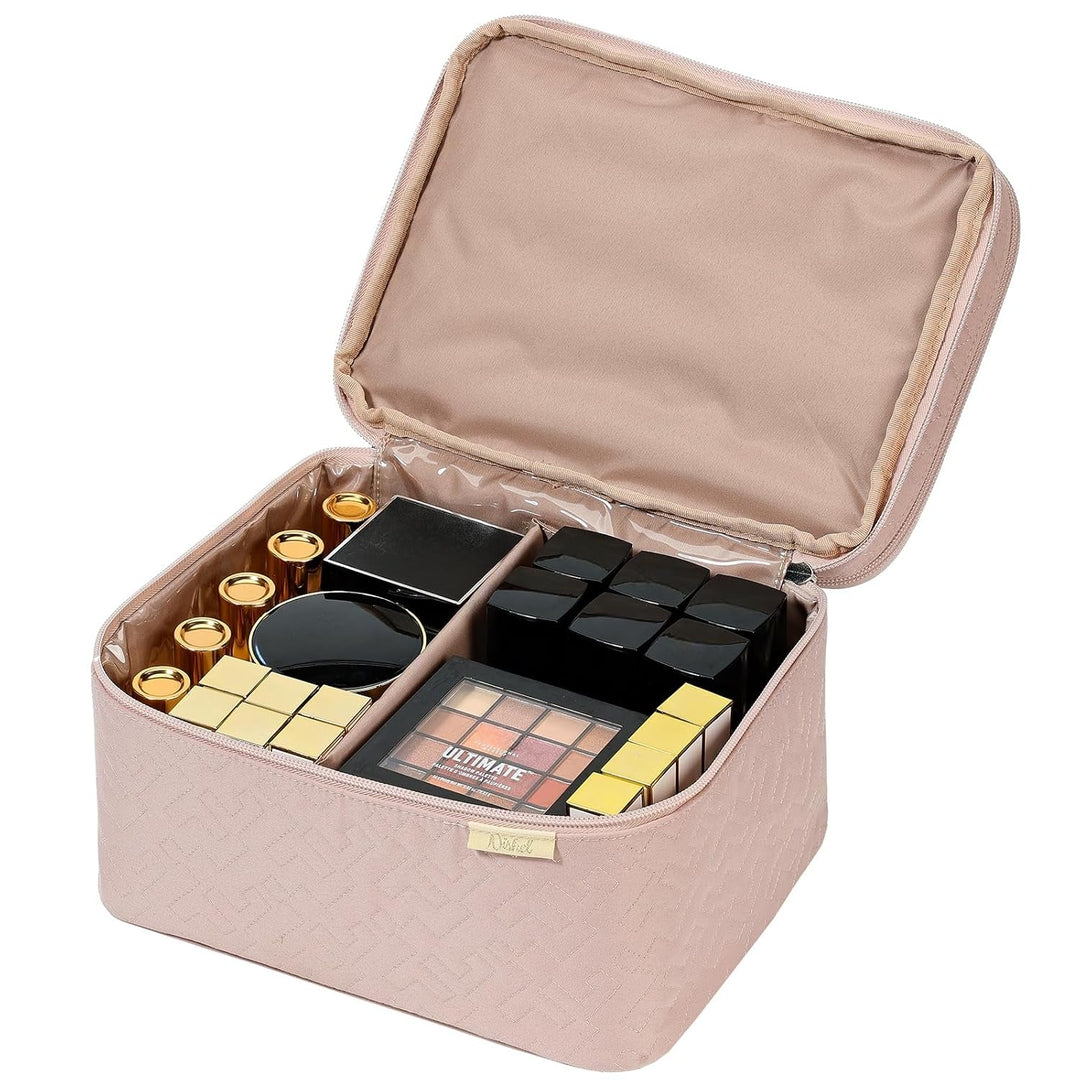 NISHEL Large Double Layer Travel Makeup Bag Women, Cosmetic Case, Organizer for Travel - Size Accessories Bottles, Brushes, Conditioner, and Skin Care Products, Pink - Absolute Discounts