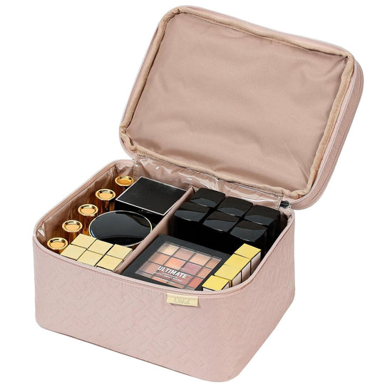 NISHEL Large Double Layer Travel Makeup Bag Women, Cosmetic Case, Organizer for Travel - Size Accessories Bottles, Brushes, Conditioner, and Skin Care Products, Pink - Absolute Discounts