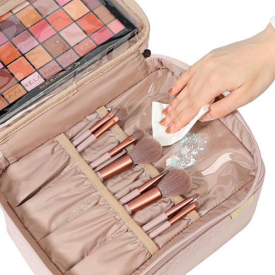 NISHEL Large Double Layer Travel Makeup Bag Women, Cosmetic Case, Organizer for Travel - Size Accessories Bottles, Brushes, Conditioner, and Skin Care Products, Pink - Absolute Discounts