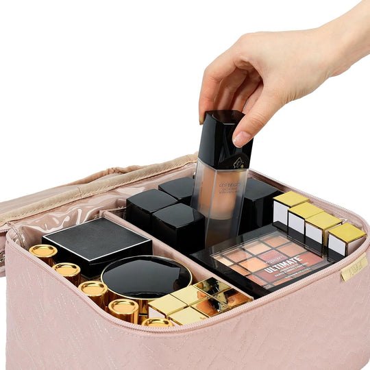 NISHEL Large Double Layer Travel Makeup Bag Women, Cosmetic Case, Organizer for Travel - Size Accessories Bottles, Brushes, Conditioner, and Skin Care Products, Pink - Absolute Discounts