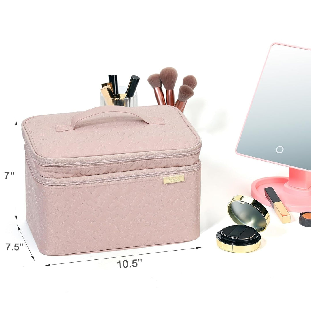 NISHEL Large Double Layer Travel Makeup Bag Women, Cosmetic Case, Organizer for Travel - Size Accessories Bottles, Brushes, Conditioner, and Skin Care Products, Pink - Absolute Discounts